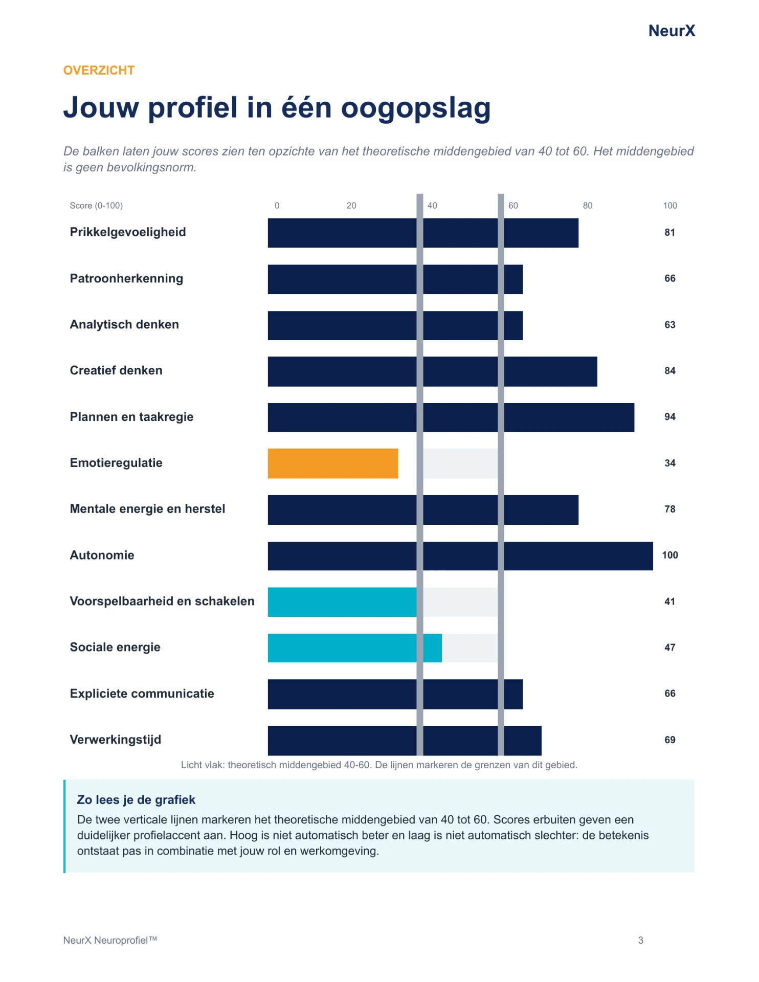 Voorbeeldpagina ‘Jouw profiel in één oogopslag’: een staafgrafiek met scores van 0 tot 100 op twaalf onderdelen, zoals prikkelgevoeligheid, patroonherkenning, autonomie en verwerkingstijd.
